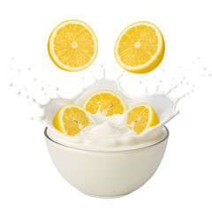 Fresh Lemon Slices Splashing into Creamy Yogurt on transparent background