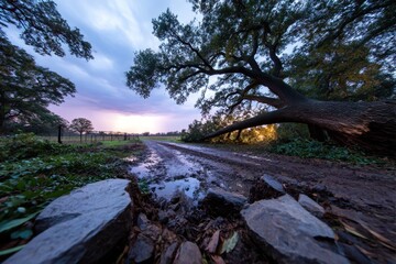Fallen tree blocking muddy road at sunset with storm clouds and scattered debris