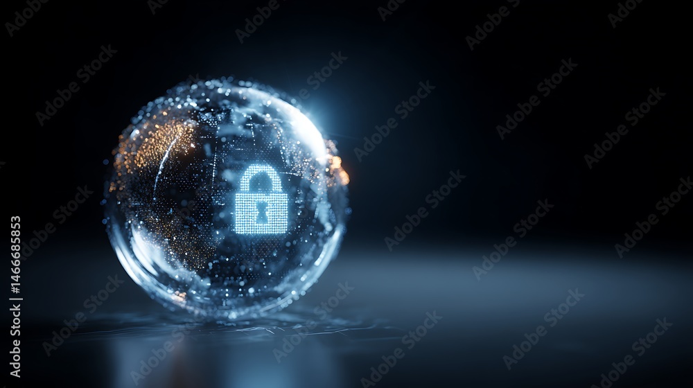 Poster a glowing globe with a padlock icon in the center, symbolizing global cybersecurity