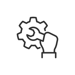 Hand with gear, linear icon. Technical support, service, or maintenance. Line with editable stroke.