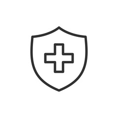 Shield with medical cross, linear icon. Health protection, insurance, or emergency care. Line with editable stroke.