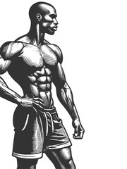 Fototapeta premium muscular bodybuilder striking a powerful pose, symbolizing strength, fitness, bodybuilding, and athleticism sketch engraving generative ai vector illustration. Scratch board. Black and white image.
