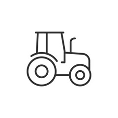 Side view of tractor, linear icon. Agricultural vehicle, rural transport, or farm equipment. Line with editable stroke.