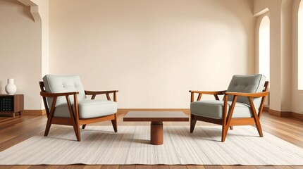 Mid-Century Modern Living Room Interior with Stylish Furniture and Cozy Decor