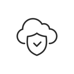 Cloud with shield and checkmark, linear icon. Cloud security and data protection. Line with editable stroke