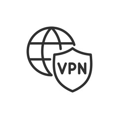 Globe with VPN shield, linear icon. Virtual private network and secure browsing. Line with editable stroke