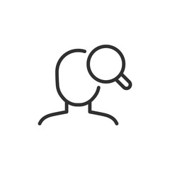 Head with magnifying glass, linear icon. Scalp examination and hair analysis. Line with editable stroke.