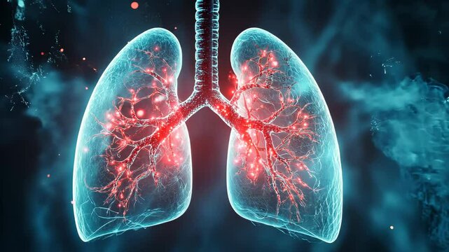 A futuristic visualization of lungs with highlighted areas affected by emphysema and chronic bronchitis.