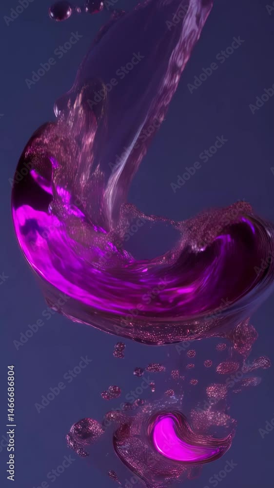 Poster elegant flow of vibrant purple liquid with translucent droplets forming artistic shape against a dee