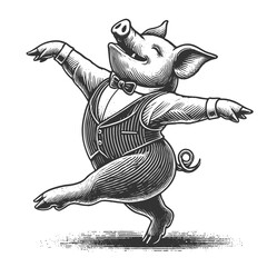 cheerful pig joyfully dancing on its hind legs, drawn in an engraved, woodcut style with fine details sketch engraving generative ai vector illustration. Scratch board imitation. Black and white image
