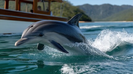 Fototapeta premium Dolphin breaching next to a boat, joyful motion captured from shore with 300mm lens and clear water detail