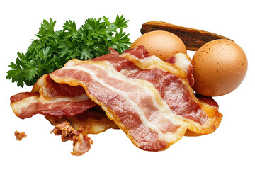 Sizzling bacon speckled eggs  vibrant parsley on a isolated white background