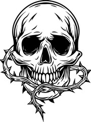 Fototapeta premium SVG vector featuring gothic floral skulls, ideal for tattoo designs. Skull Design with Thorned Vine for Graphic Art and Illustrations