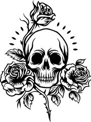 Fototapeta premium SVG vector featuring gothic floral skulls, ideal for tattoo designs. Skull with Roses Artistic Design for Tattoo and Graphic Use