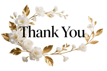 Elegant Thank You in a serif font, adorned with floral elements, perfect for gratitude messages and decorative designs, transparent PNG clipart.


