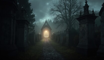 Obraz premium A fog-covered cemetery path leads to a gothic mausoleum illuminated by a warm light, surrounded by shadowy trees and ancient gravestones under a chilling Halloween sky