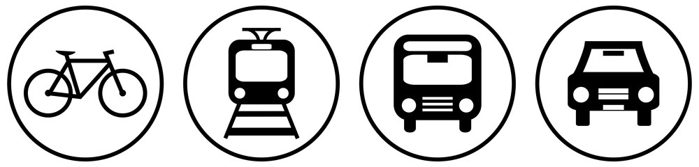 Naklejka premium 4 schwarze Buttons mit Verkehrsmitteln: Fahrrad, Zug, Bus und Auto