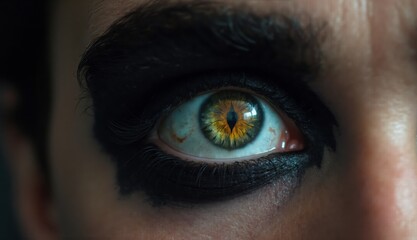 Fototapeta premium Extreme close-up of a golden eye with a vertical slit pupil surrounded by smudged black makeup, evoking a dark and mystical Halloween creature aesthetic