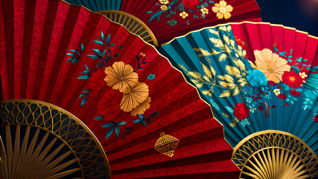 A colorful traditional Chinese fan with an ornate pattern, a cultural art decoration from Asia, is presented against a vibrant red background