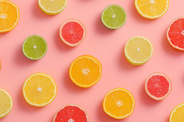 Fototapeta premium Vibrant display of assorted citrus fruits arranged on a soft pink surface at a bright kitchen setting