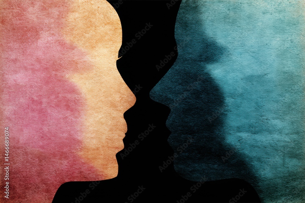 Poster two abstract face silhouettes in pastel hues express deep empathy and communication in a visual repr