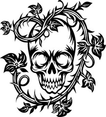 Obraz premium SVG vector of skull with floral design, perfect for tattoo. Intricate Skull Design Surrounded by Thorny Vines and Flowers