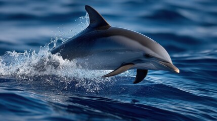 Obraz premium High-speed dolphin leap captured against deep blue horizon, crystal splash detail frozen with 300mm telephoto lens