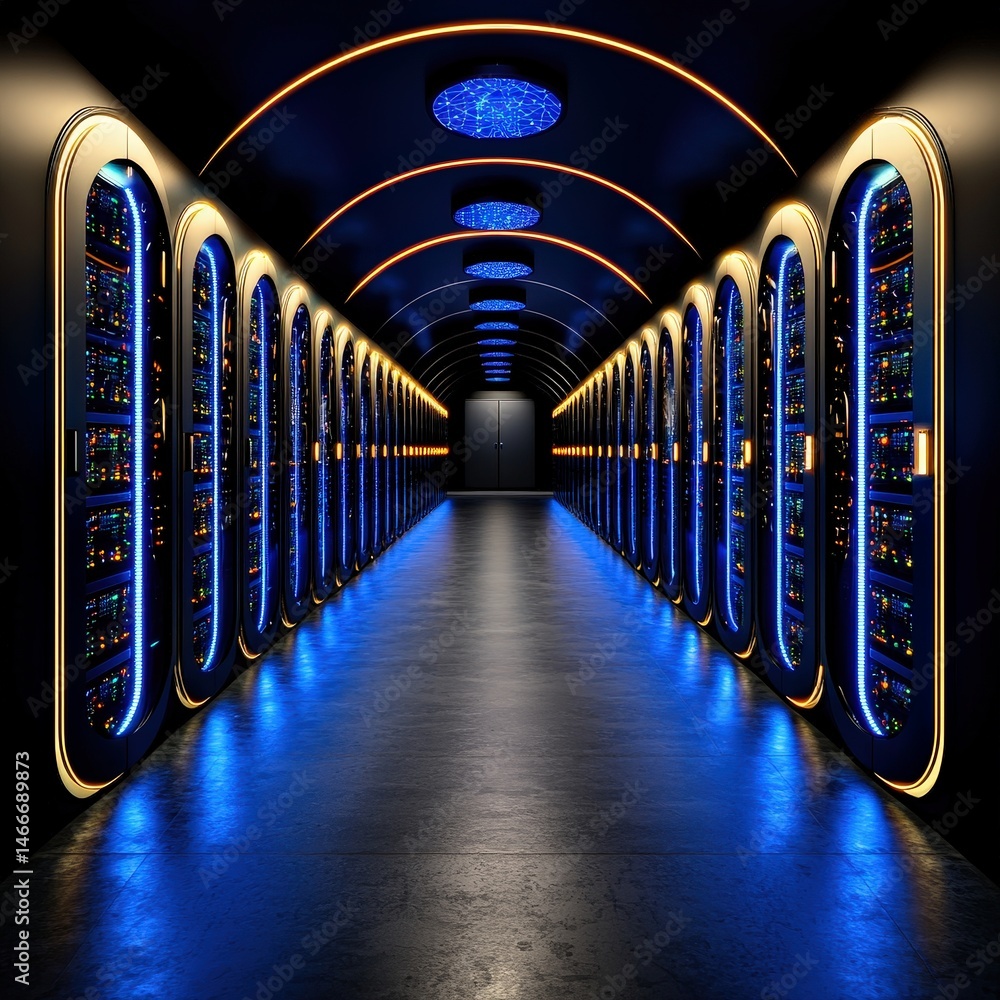 Poster long tunnel filled with rows of computers and high-tech equipment creating a modern workspace