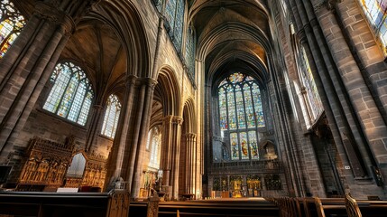 Fototapeta premium Gothic cathedral interior with towering stone columns, stained glass illuminating the nave, sunlight streaming down, upward dramatic angle 
