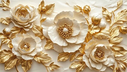 Luxury golden peony relief on white background, three-dimensional botanical wall decor concepts.