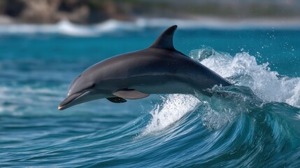 Wild dolphin jumping high in front of crashing wave, background softened with telephoto compression