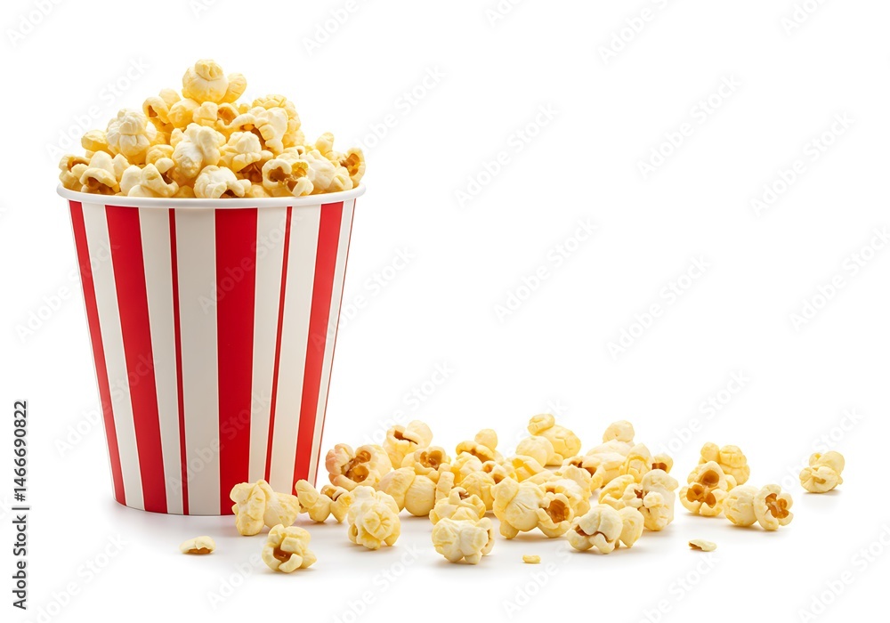 Poster a bucket of popcorn with red and white stripes and some popcorn scattered on a white background spac