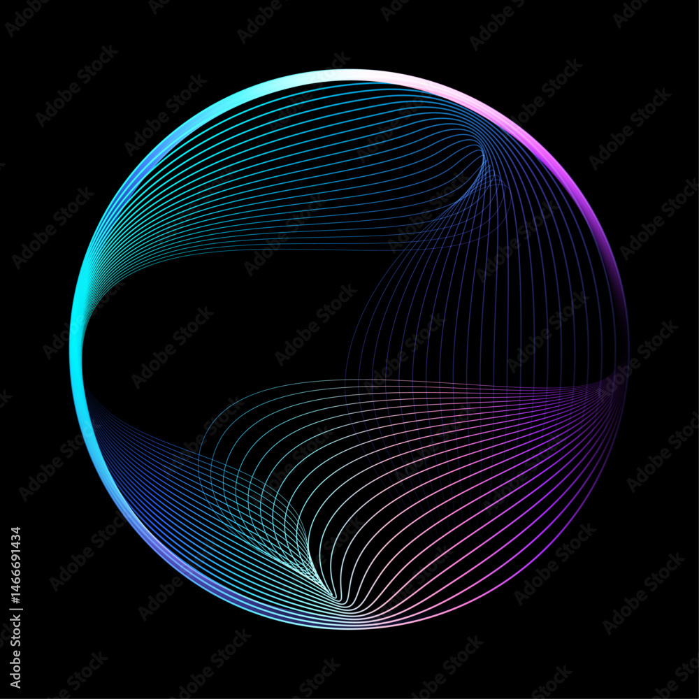 Poster Abstract vector round shape of wavy lines flowing smooth curve colorful spectrum light on black background in concept of technology, science, music, modern.