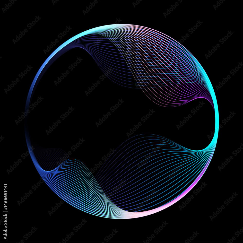 Poster Abstract vector round shape of wavy lines flowing smooth curve colorful spectrum light on black background in concept of technology, science, music, modern.