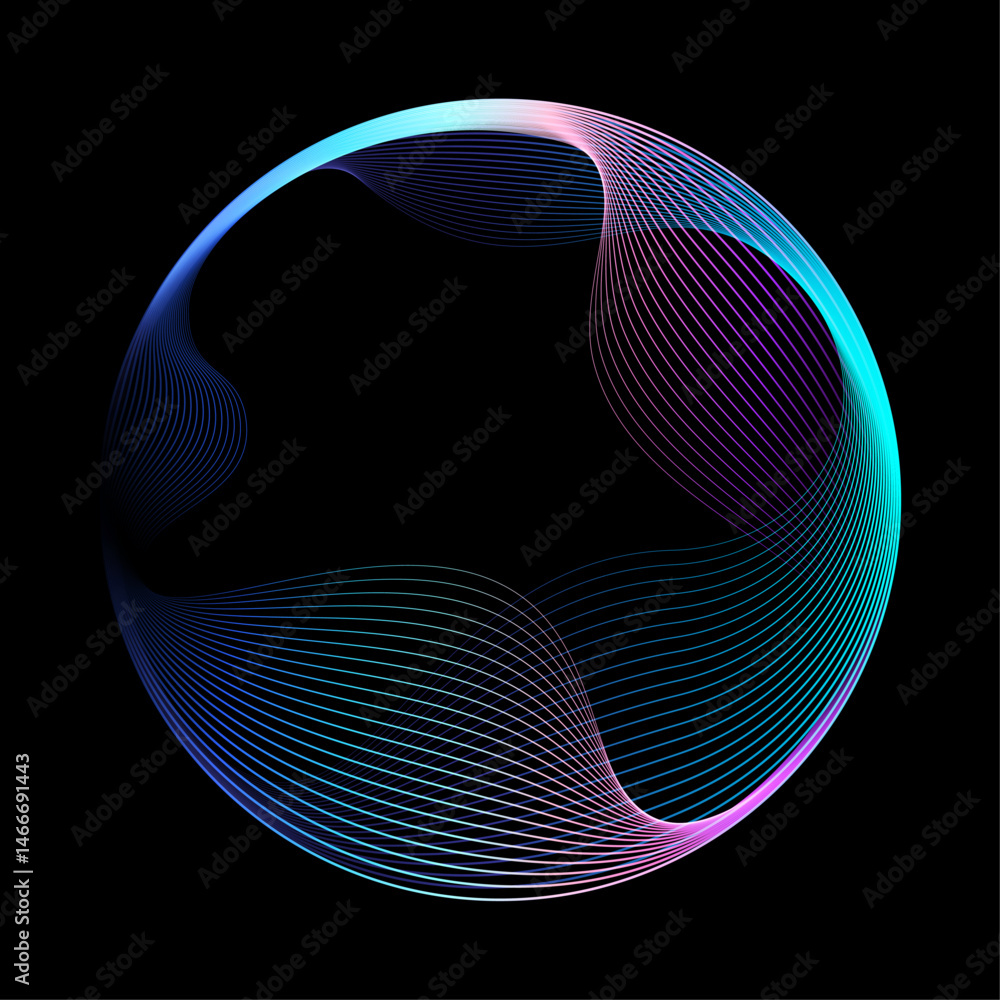 Poster Abstract vector round shape of wavy lines flowing smooth curve colorful spectrum light on black background in concept of technology, science, music, modern.