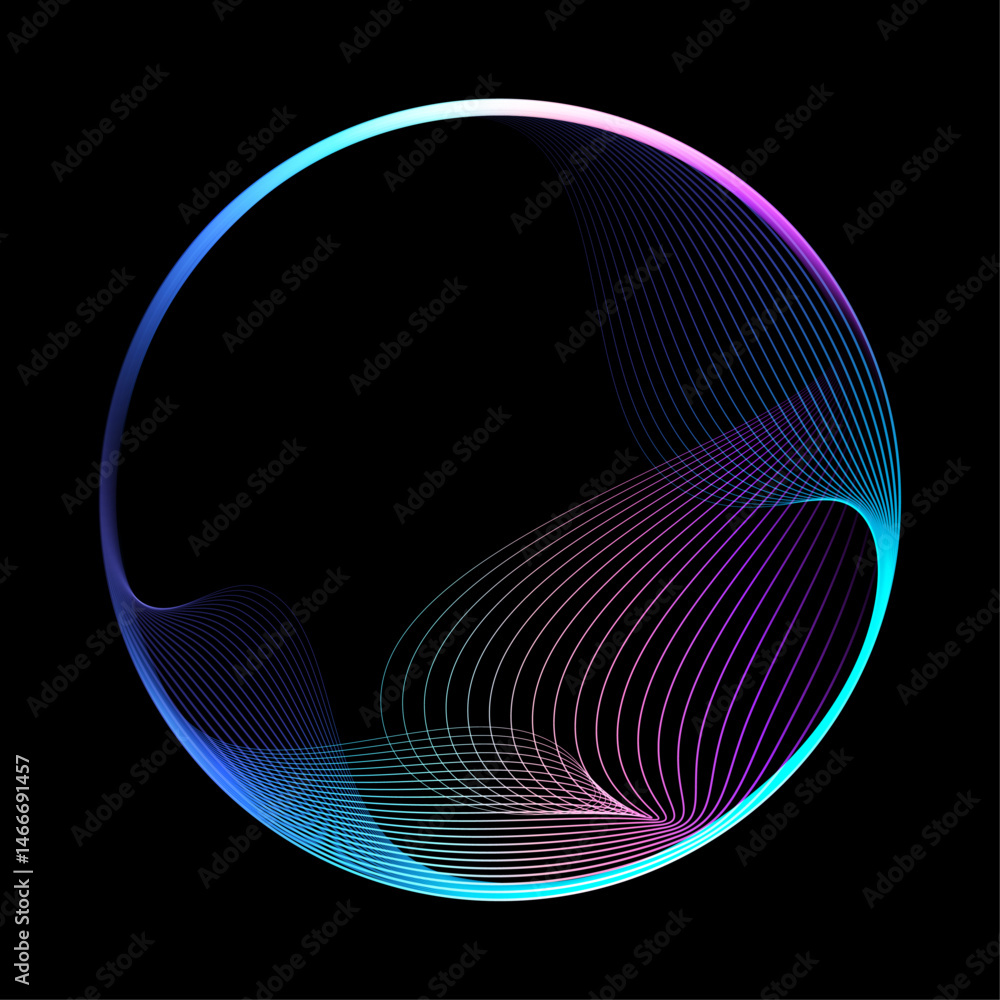 Aufkleber Abstract vector round shape of wavy lines flowing smooth curve colorful spectrum light on black background in concept of technology, science, music, modern.