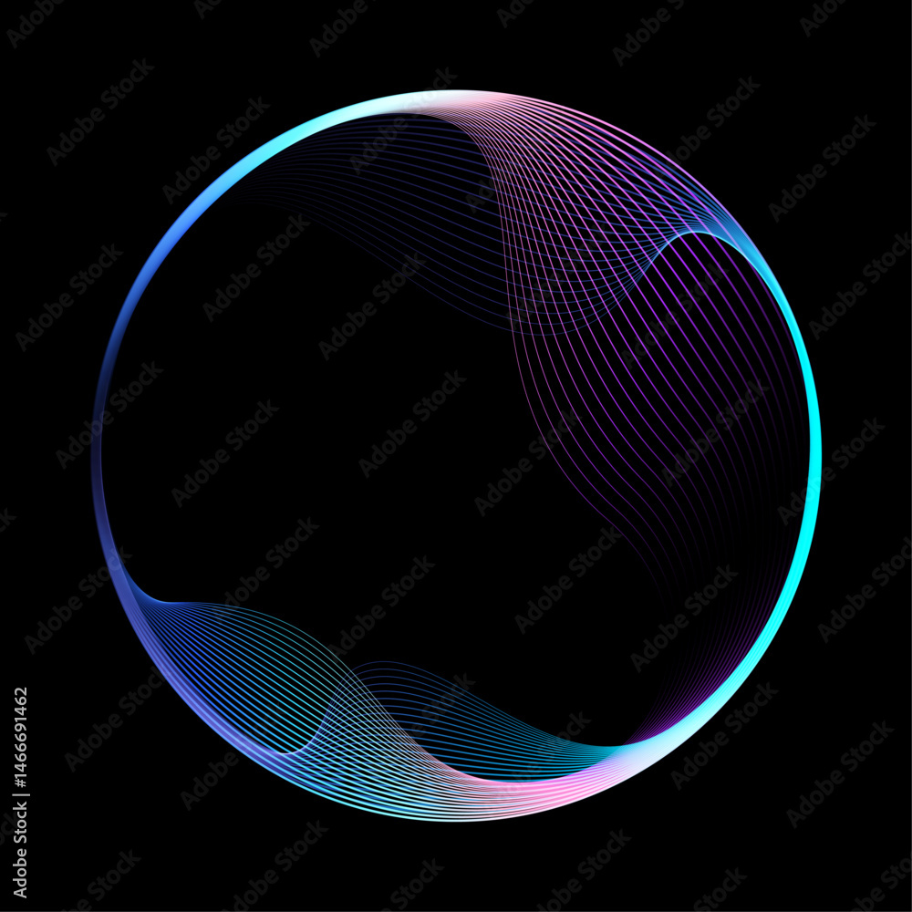 Poster Abstract vector round shape of wavy lines flowing smooth curve colorful spectrum light on black background in concept of technology, science, music, modern.