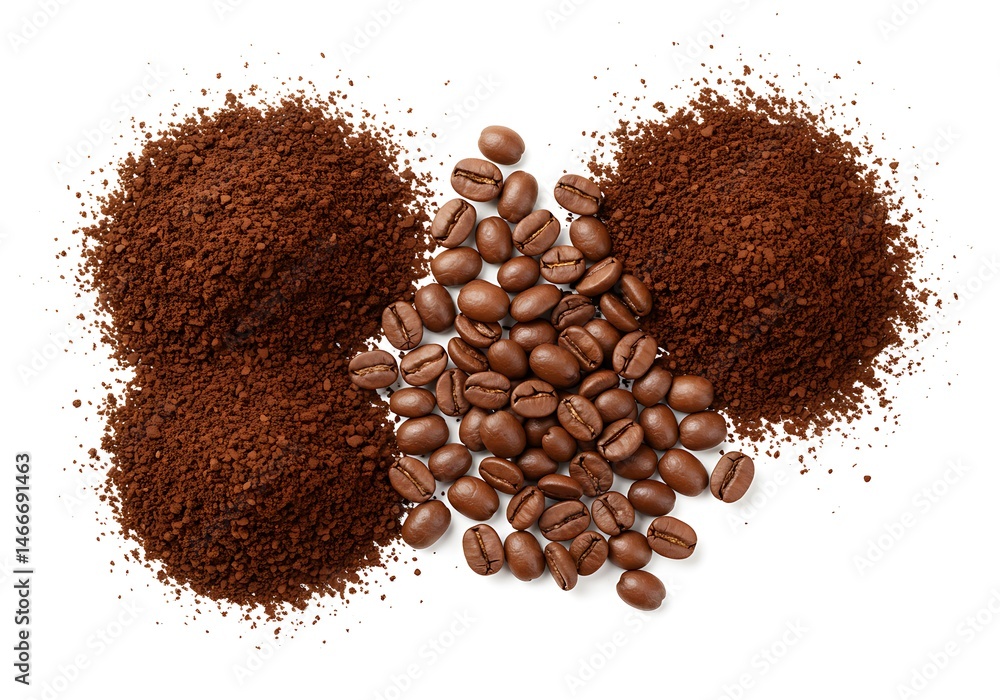 Poster a top down view of coffee beans and coffee grounds on a white background showing different textures 