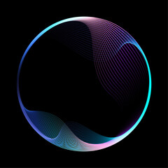 Abstract vector round shape of wavy lines flowing smooth curve colorful spectrum light on black background in concept of technology, science, music, modern.