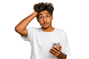 Young man with glasses holding smartphone looks confused and concerned while scratching his head app on transparent background