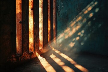 Rusty metal bars cast dramatic shadows in a dimly lit room.