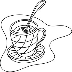Simple monochrome drawing of a coffee or tea cup on a saucer with a spoon inside