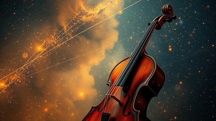 Fototapeta premium Künstlerische Darstellung eines Cellos im Weltall, umgeben von roten Lichtwellen und Sonnenstrahlung – Mischung aus Musik und galaktischem Zauber.