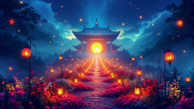 A procession of lanterns and flowers, leading to a glowing temple entrance, symbolizing the path to enlightenment