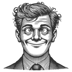 Comic man in a suit and bow tie, smiling widely with exaggerated, wide-open eyes sketch engraving generative ai fictional character vector illustration. Scratch board imitation. Black and white image.