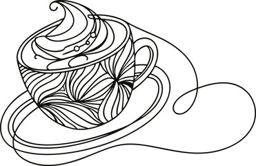 Elegant line art illustration of coffee with whipped cream in decorative cup and saucer