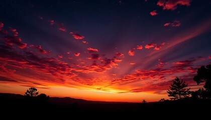 Fiery Sunset Landscape: Vibrant Clouds and Stars over Mountain Silhouette.