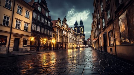 Fototapeta premium Gothic city under thunderous skies, towering cathedrals and dim alleys with flickering lantern light reflecting on wet cobblestones, dramatic panoramic view 