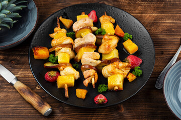 Fruit and meat skewers, BBQ with kebab.