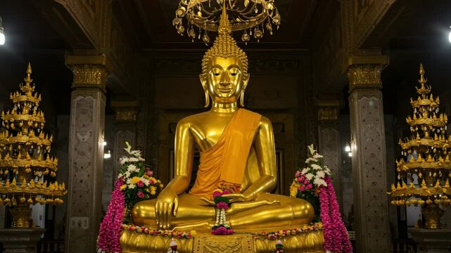 Golden Buddha statue in a tranquil temple setting with vibrant floral decorations